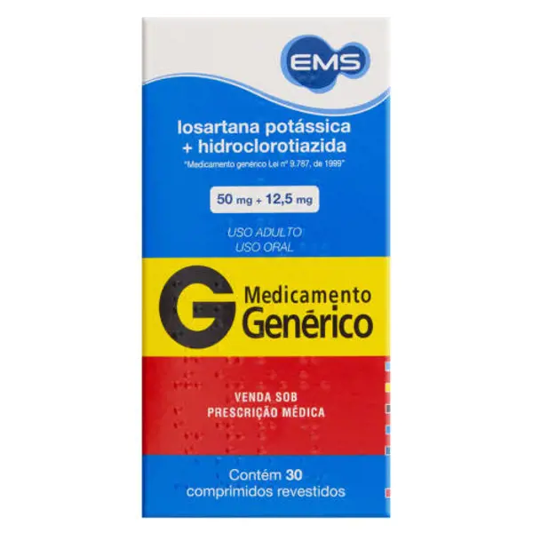 Losartana+Hidroclorotiazida 50+12,5Mg 30Cpr Rev - Ems Generico - 7896004713922